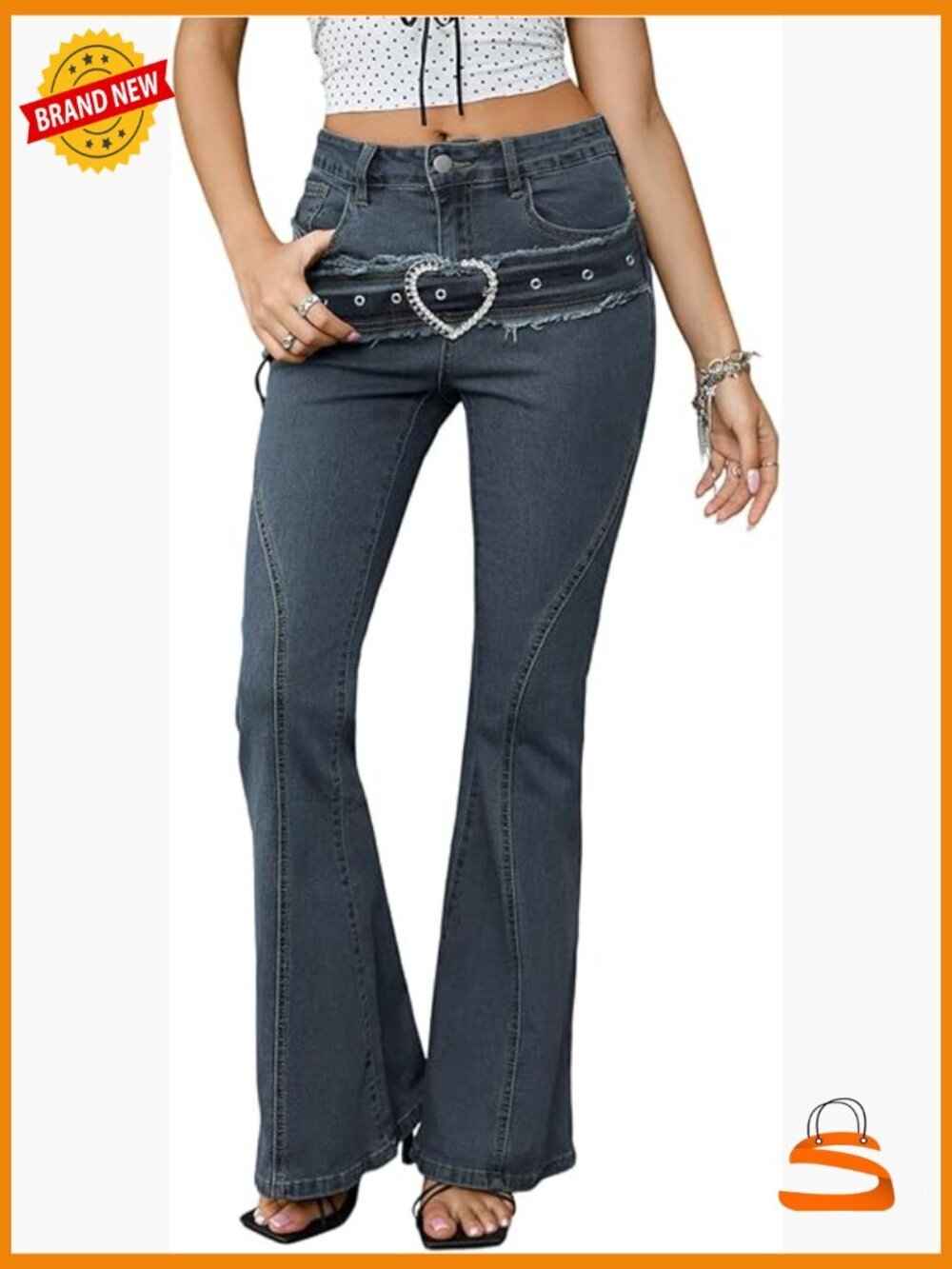 Wide Leg Flare Jeans Heart Buckle Stretchy Raw Hem Bell Bottom Denim